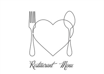 fork, knife, heart minimalist vector web banner, background. One continuous line drawing with text Cooked with love.
