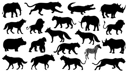Wild Animals Silhouette Set, Wildlife Silhouette Collection, black animal stencil pack, vector