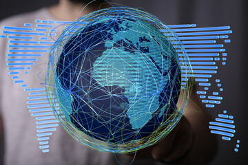 Stunning image of a digital earth showcasing global connections and data streams. Ideal for tech,...