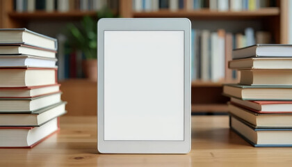 Modern e-reader surrounded by traditional books on library shelf. Concept of digital vs. print reading evolution.