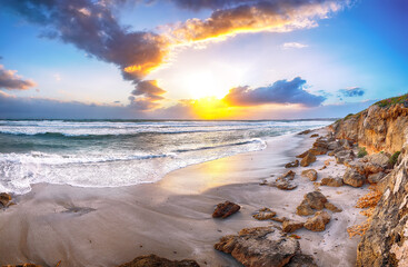 Unbelivable view of  sunset on beach Capo San Marco Oristano on Del Sinis peninsula.