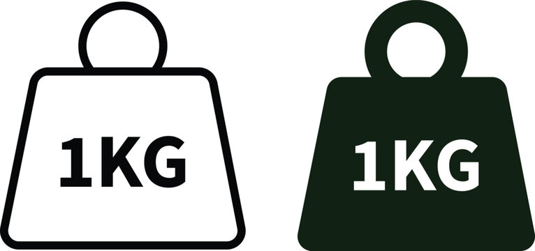 Weight with kilogram label icon set. Iron dumbbell symbol isolated on transparent background. Metal weight of heavy mass sign symbol. Simple 1KG measurement vector signs.