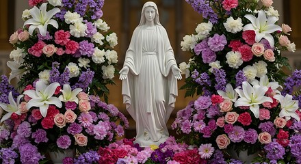 Virgin Mary Statue and Flowers