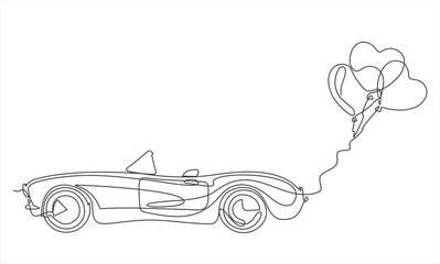 Retro wedding car decorated with balloons. Vector minimalist linear illustration. Editable stroke.