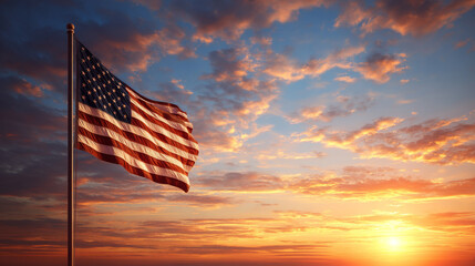 American Flag Waving Proudly Against Sunset Sky