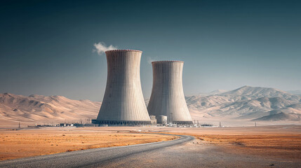 Nuclear Cooling Towers in Desert Mountain Landscape