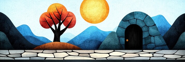 Autumnal Landscape Painting Stylized Tree, Stone Arch, and Mountains