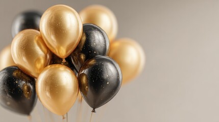 Bunch of gold and black balloons against a neutral background.