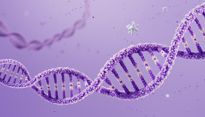 DNA double helix structure floating in pastel lavender space with soft particles. Conceptual molecular visualization for science, genetics, medicine, or abstract biological design