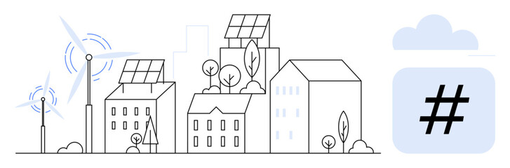 Urban buildings with solar panels, wind turbines, greenery, and a cloud symbol. Ideal for sustainability, renewable energy, smart cities, technology, eco-friendly living clean energy simple landing