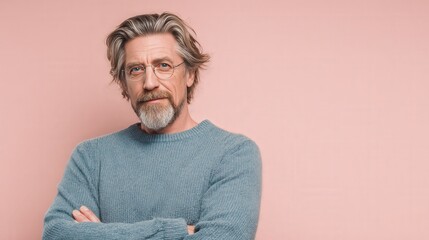 Confident Mature Man with Glasses Posing Against a Soft Pink Background