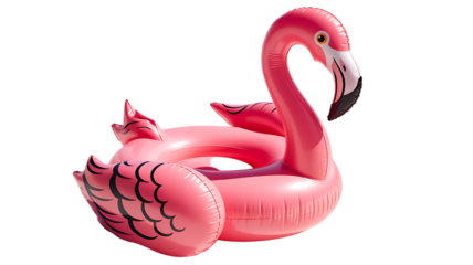 Pink inflatable flamingo pool float isolated on white background