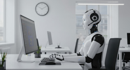 Robot is coding in a modern office setting, with a focus on advanced technology and digital transformation, no people.