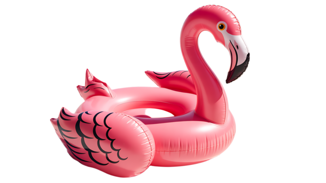 Pink inflatable flamingo pool float isolated on white background