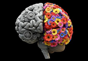 Creative Brain Gears and Flowers Representing Logic and Emotion A 3D Model of a Human Brain Divided into Two Hemispheres