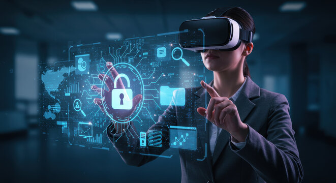 Cyber Security in VR: Woman in VR Headset Interacting with Data Lock in Virtual Space, Representing Data Protection and Digital Security