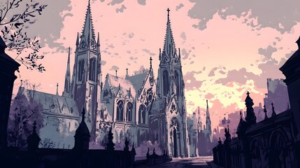 Obraz premium Majestic Gothic Cathedral in Dramatic Twilight Cityscape