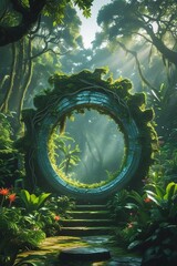 Obraz premium The circular stone portal leads to the lush green jungle.