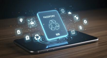 Digital Passport Appears on Smartphone Screen with Recycling Icons Above, Selective Focus