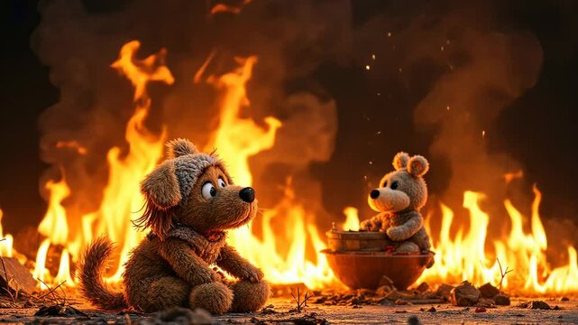 Teddy bears by a fire
