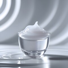 A small container of cream is sitting on a table with a white background. 