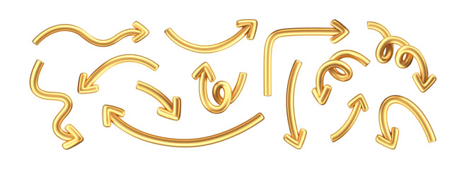 3D gold doodle arrow set in Y2K style, isolated on a dark background. Render of 3D golden liquid curve and swirl arrows, rotating up, down, and right with metal shine effect. 3D vector Y2K figure