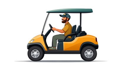 clipart illustration of open-sided golf buggy with a cheerful driver flat colors clear composition white background