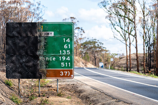 Bushfires on New Years Eve 2019 destroyed a road side highway sign at the New South Wales Victorian Border, near Eden, New South Wales Australia.