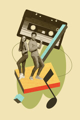 Creative trend artwork design 3D collage sketch of party weekend occasion nightclub event couple young lady man dance smile cassette note
