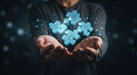 Solving Business Solutions: A Man Integrates Digital Puzzle Pieces for Collaborative Strategy and Teamwork in the Modern Era