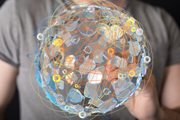 Person interacting with a digital globe, representing global network, connection, and technology.