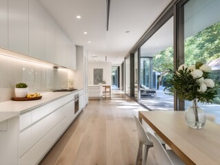 Fototapeta premium Modern kitchen with expansive views of a courtyard.