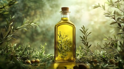 Organic Olive Oil in Glass Bottle Surrounded by Olive Branches and Leaves