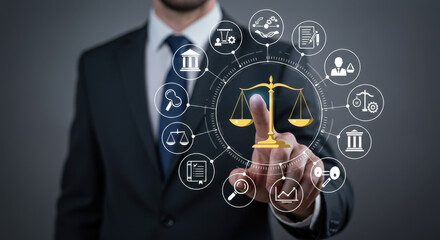 Law and Justice Concept: Adult businessman in a suit pressing on digital scales of justice symbol representing legal services, ethics, and court.