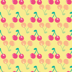 Minimal cherry fruit seamless vector pattern on yellow background