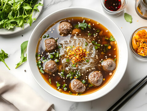Thai food, beef noodles, white noodles in a white bowl