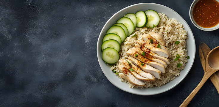 Chicken rice with sliced ​​cucumber in white plate on grey background with space for text