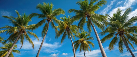 Obraz premium Coconut Palm Trees Against a Bright Blue Sky Backdrop