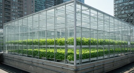Naklejka premium Growing Plants Inside Modern Greenhouse Structure in Urban Area