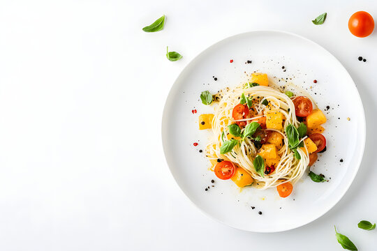 Pasta with tomatoes and basil on a white plate placed on a white background with space for your text.