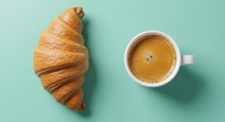 Croissant and Coffee Cup on Green Background, Top View