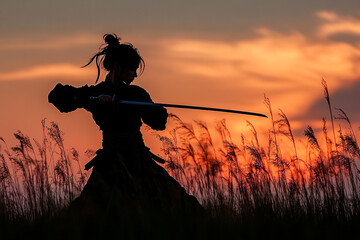 Silhouette of a female warrior dual-wielding short swords