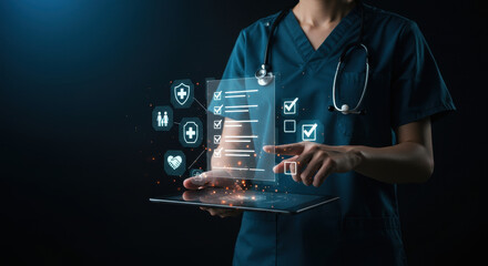 Healthcare Professional Completing a Digital Checklist on a Tablet, Innovating Medical Processes