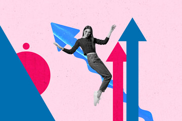 Image 3d zine vertical collage of happy businessman businesswoman stand arrow development career chance promotion employee