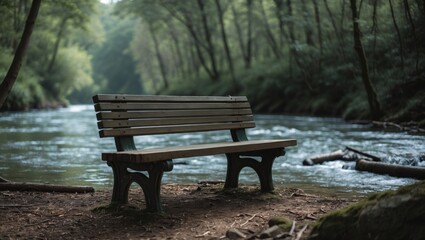 Fototapeta premium A bench in the forest near a river or stream, without people.