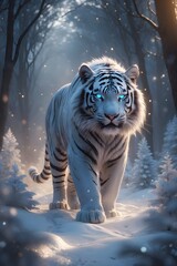 A white tiger with blue eyes walks through a snowy forest. Concept of tranquility and beauty, as the majestic animal navigates its natural habitat. The contrast between the white tiger.    