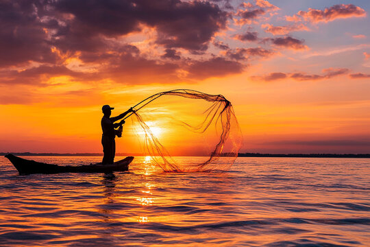 Silhouette of a fisherman casting a net into the sea - Powered by Adobe