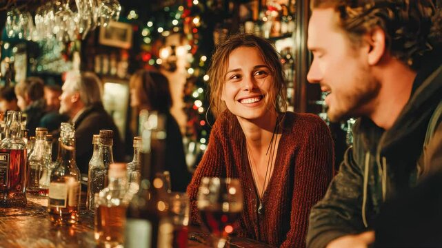 Woman smiling warmly at a bar counter, surrounded by drinks and glowing lights in a cozy evening atmosphere
