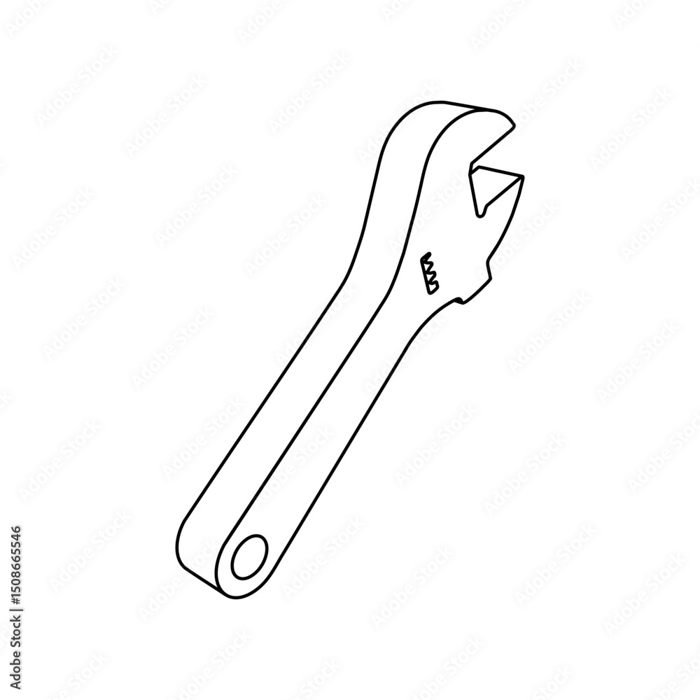 Poster the outline of a large adjustable wrench symbol is made with black lines. 3d view of the object in p