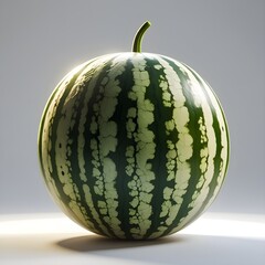 A watermelon with green stripes is sitting on a white background. The image has a bright and cheerful mood, as the watermelon is a symbol of summer and freshness. 